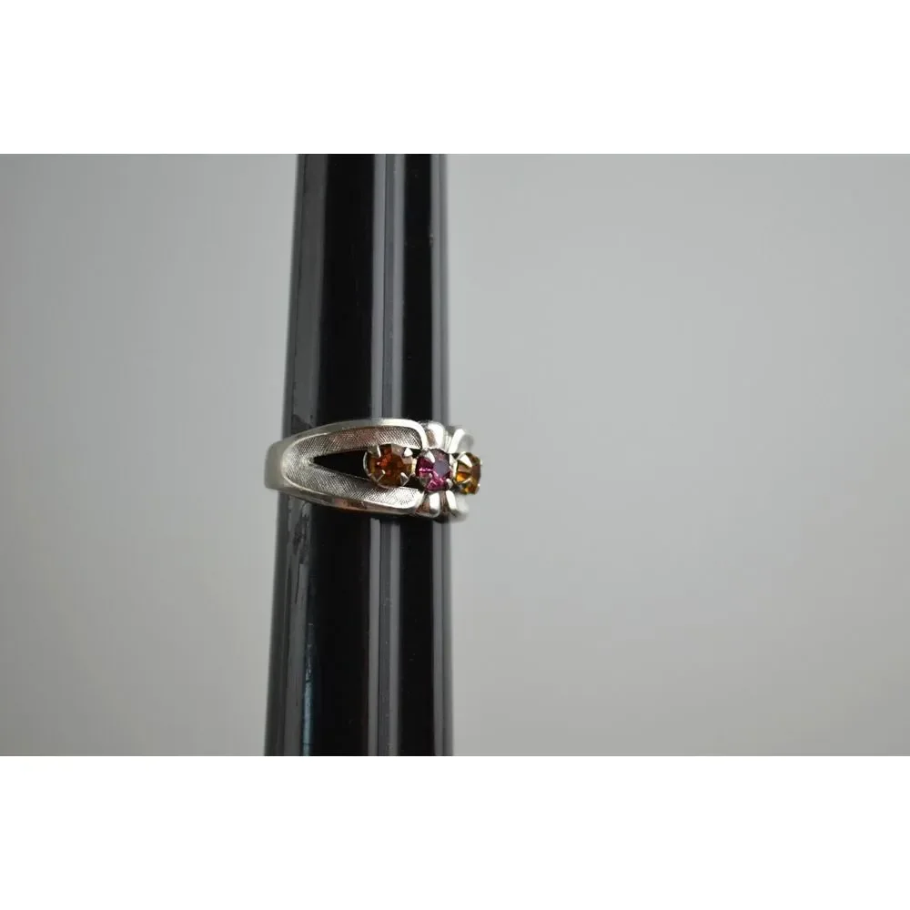 Vintage Rhodium Electroplate Birthstone Mothers Day Ring with‎ 3 Stones Size 7